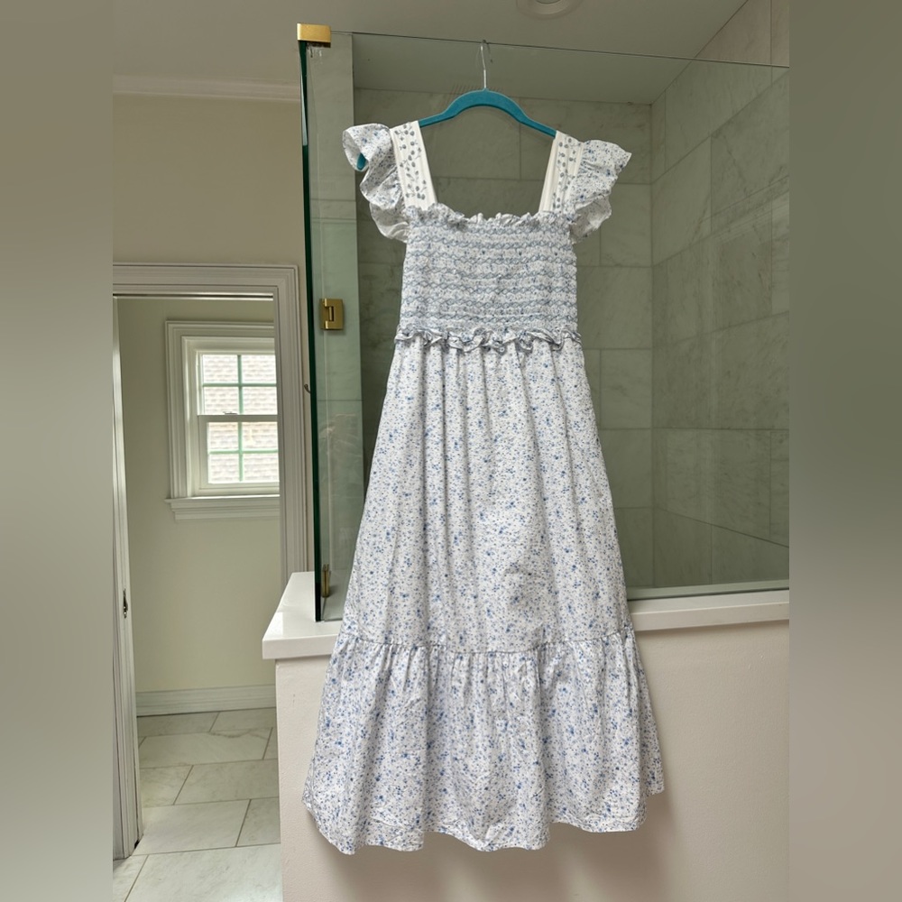 Dondolo Smocked Midi Dress with Blue Floral Print